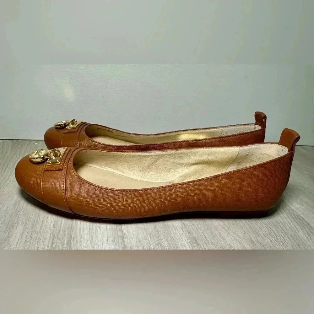 Michael Kors Women Brown Leather Ballet Flats Lock Logo MK Accent Size 8M - Picture 7 of 8